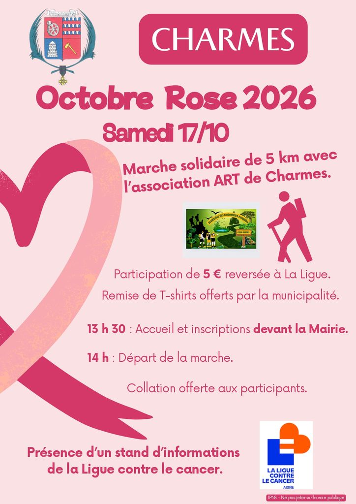 Octobre Rose à Charmes - Marche solidaire le 17 octobre 2026 -affiche- Commune Charmes Aisne