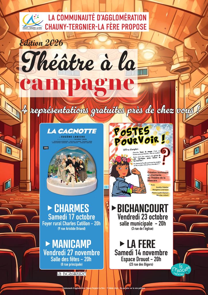 Théâtre à la campagne - rendez-vous à charmes -affiche 2026- Commune de Charmes Aisne