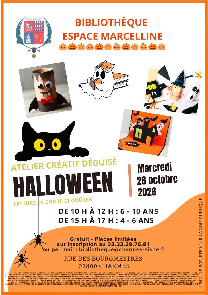 Affiche atelier halloween bibliotheque charmes 28 octobre 2026 - Commune Charmes Aisne