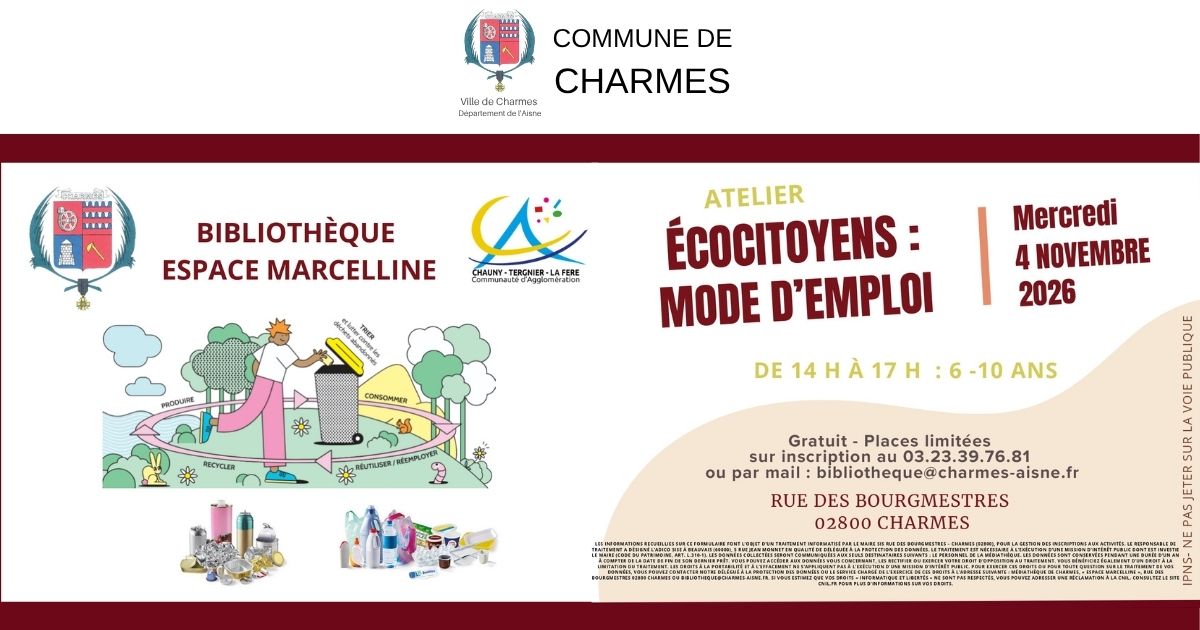 Atelier écocitoyens à la bibliothèque de Charmes - 4 novembre 2026 -Une- Commune Charmes Aisne