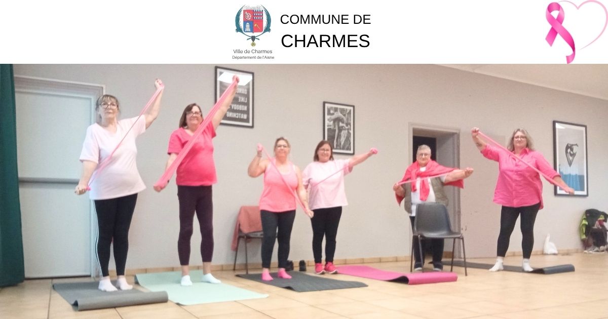 Les participantes au cours de gym en rose pour Octobre Rose -Une- Commune Charmes Aisne