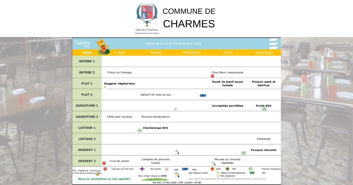 Menus de la cantine de Charmes - Novembre et décembre 2026 -Une- Commune Charmes Aisne