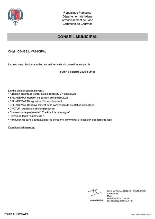 Ordre du jour du CM du 15 octobre 2026_Commune de Charmes Aisne