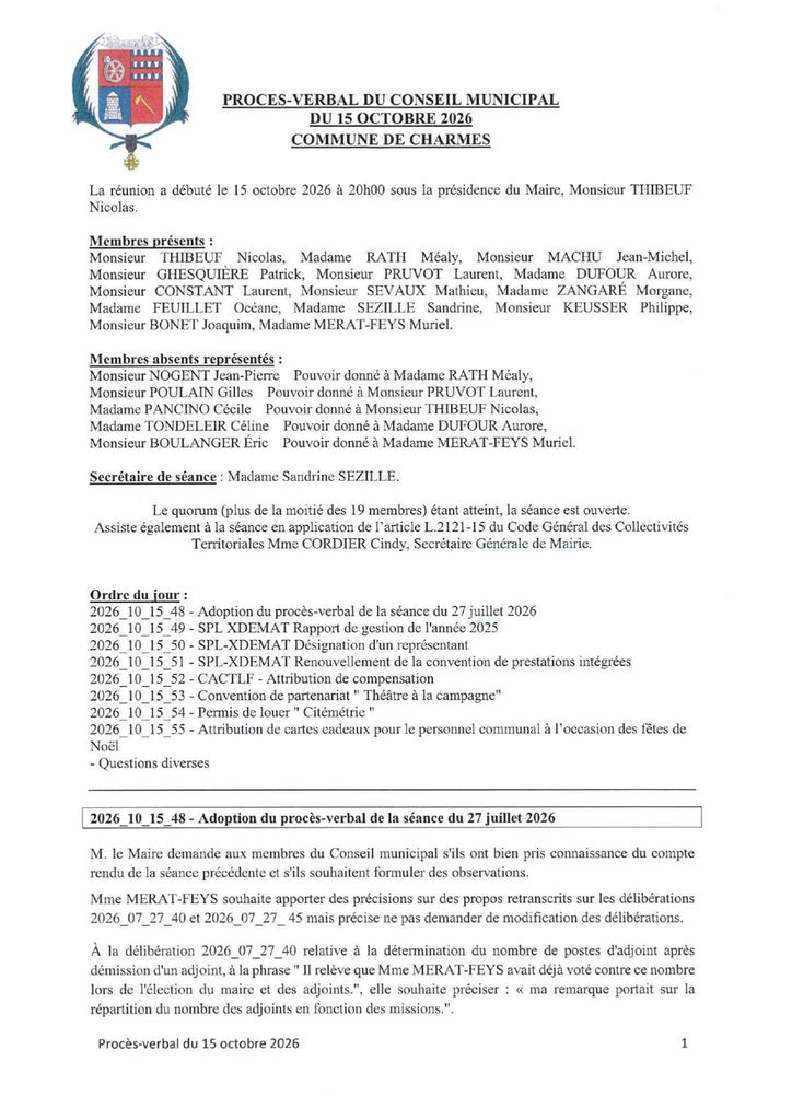 Procès verbal du CM du 15 octobre 2026 - Commune de Charmes Aisne